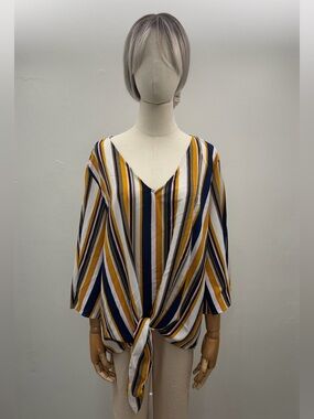 Misia Striped Tie-Front V-Neck Top in Mustard, Navy & White Size XXL
